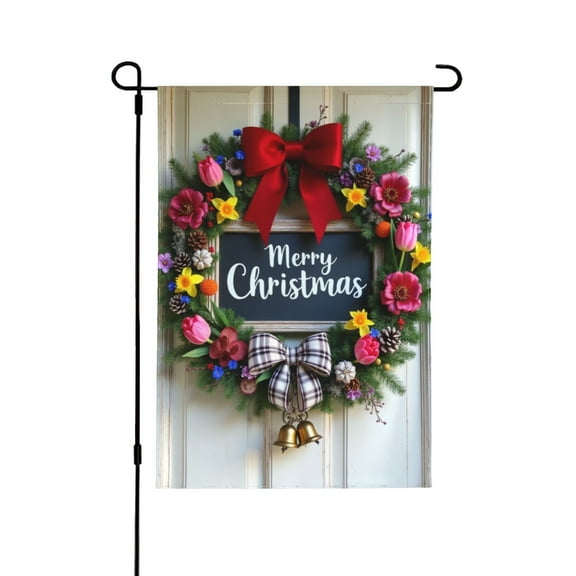 Spring Winter Garden Flag Welcome For Outside Christmas Wreath With Poinsettias And Pine Cones Plaid Background. Memorial Day 12×18 In Double Yard Flag Outdoor Farmhouse Decoration Home Festival