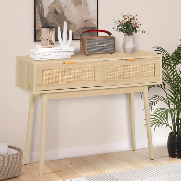 LAZZO Console Table with 2 Rattan Drawers, Narrow Entryway Sofa Table with Storage, Modern Behind Couch Table, Natural Wood
