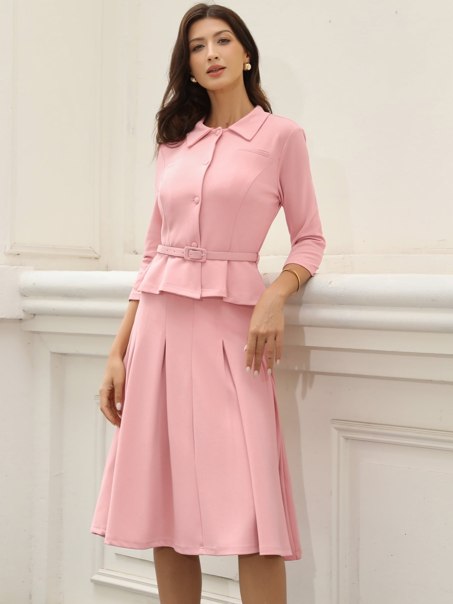 DARING DIVA 2Pcs Women's Office Blazer Jacket Pleated Skirt Suit Set XL Dusty Pink
