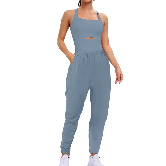 aidice Workout Romper for Women Square Neck Sleeveless Keyhole Fitting Ruched Athletic Pants Jumpsuits