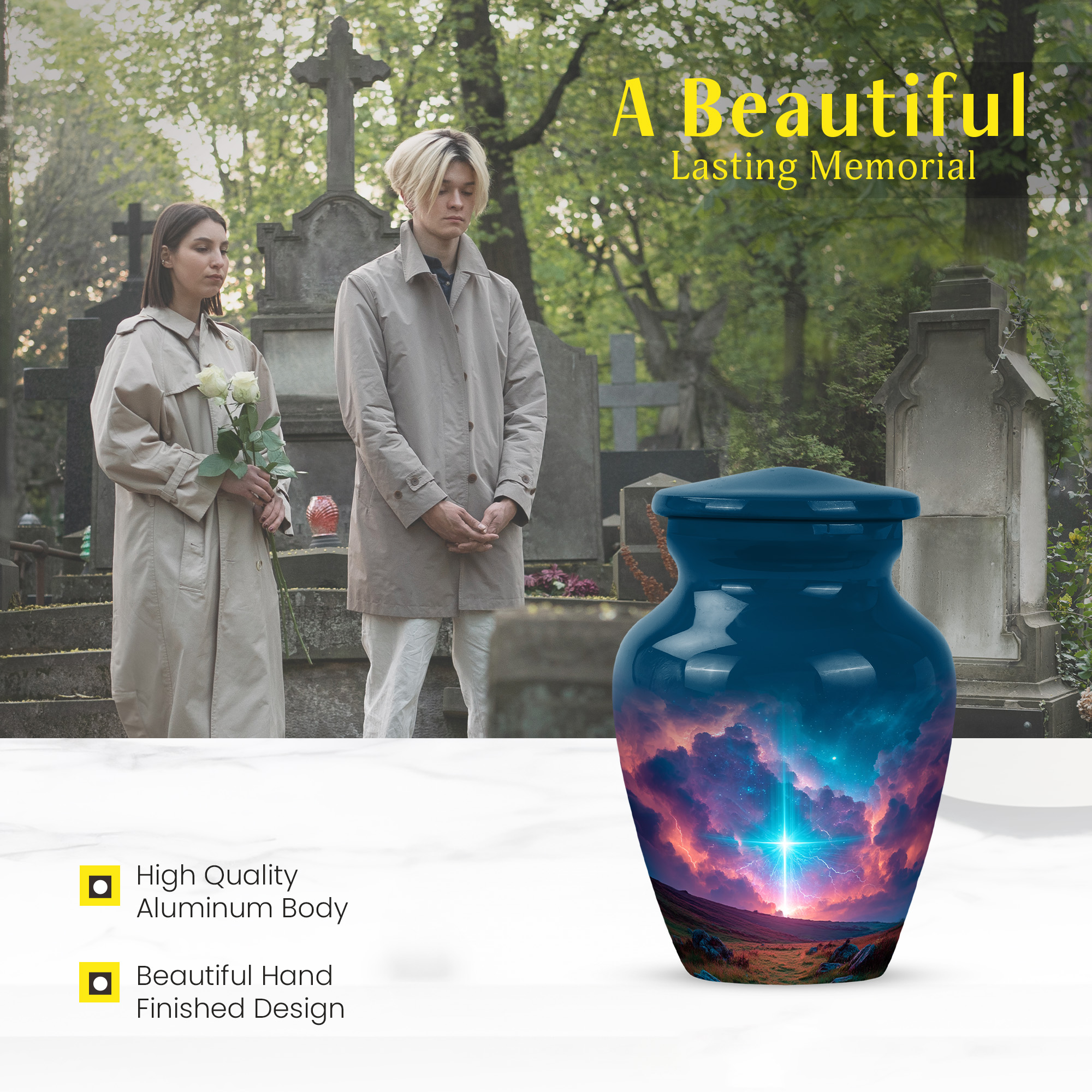 MUKTIVE Cross Small Cremation Urns for Human Ashes Female, Keepsake Navy Blue Urns for Human Ashes Adult Man, Mini Landscape Memorial Urn with Decorative Gift for Mom, 3 Inch