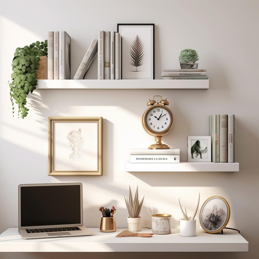 Floating Shelves, 24 Inch Wall Shelf Set of 2, Hanging Shelf with Invisible Brackets, Wall Decor for Bathroom, Bedroom, Living Room, Kitchen Storage, Modern White