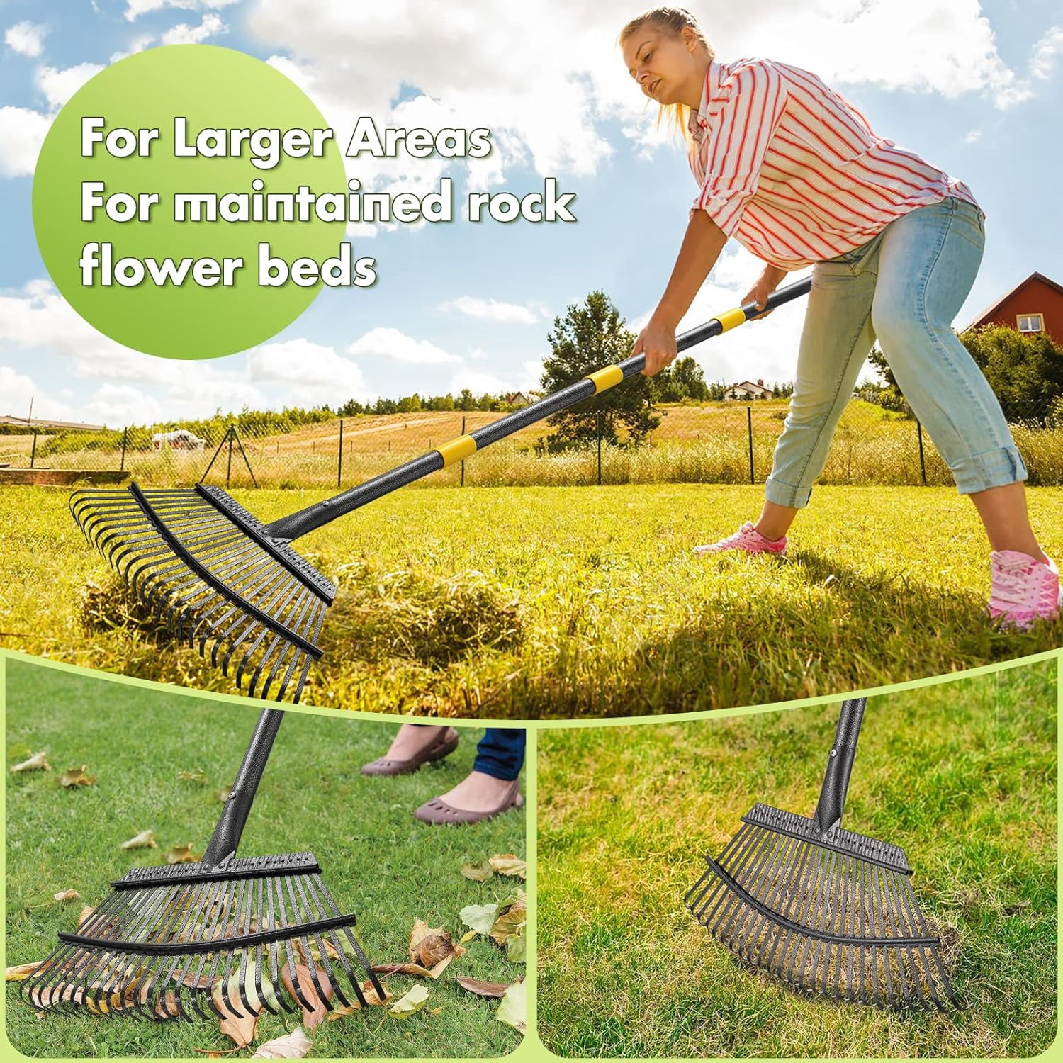BsBsBest Rake for Leaves, Heavy Duty Garden Leaf Rake for Lawns, 65" Adjustable 25 Tines Metal Yard Rake