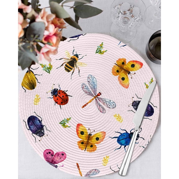 15 Inch Round Placemats Set of 4, Cute Butterfly Dragonfly Non Slip Heat Insulation PP Table Mats, Farmhouse Botanical Floral Pink Washable Place Mats for Kitchen Dining Party Table Decor