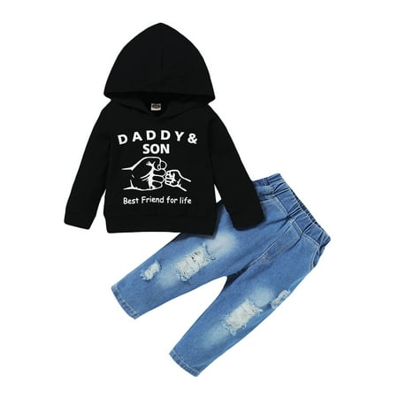 

Kucnuzki 3 Months Baby Boy Winter Outfits Pants Sets 6 Months Long Sleeve Daddy&Son Letter Prints Hooded Tops Elastic Denim Pants 2PCS Set Black