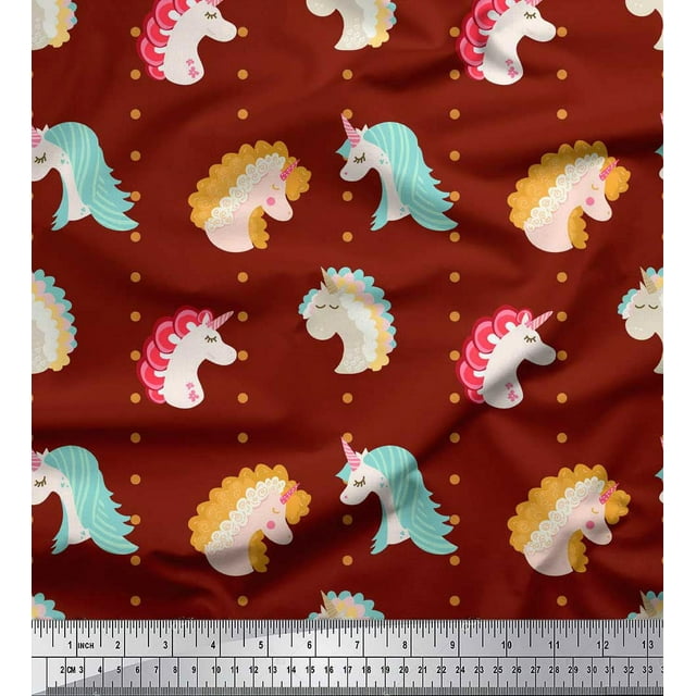 Soimoi Red polyester Crepe Fabric Dot & Unicorn Face Printed Fabric 1 Yard 52 Inch Wide