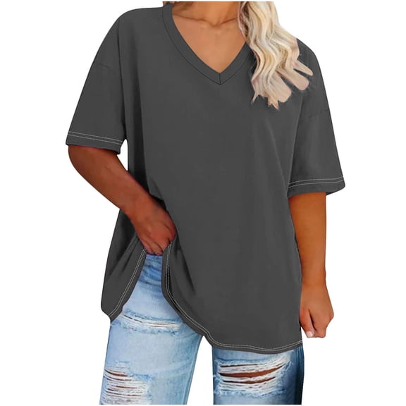FRSASU Women's Plus Size V-Neck T-Shirts Short Sleeve Solid Casual Summer Loose Fit Tees Dark Gray