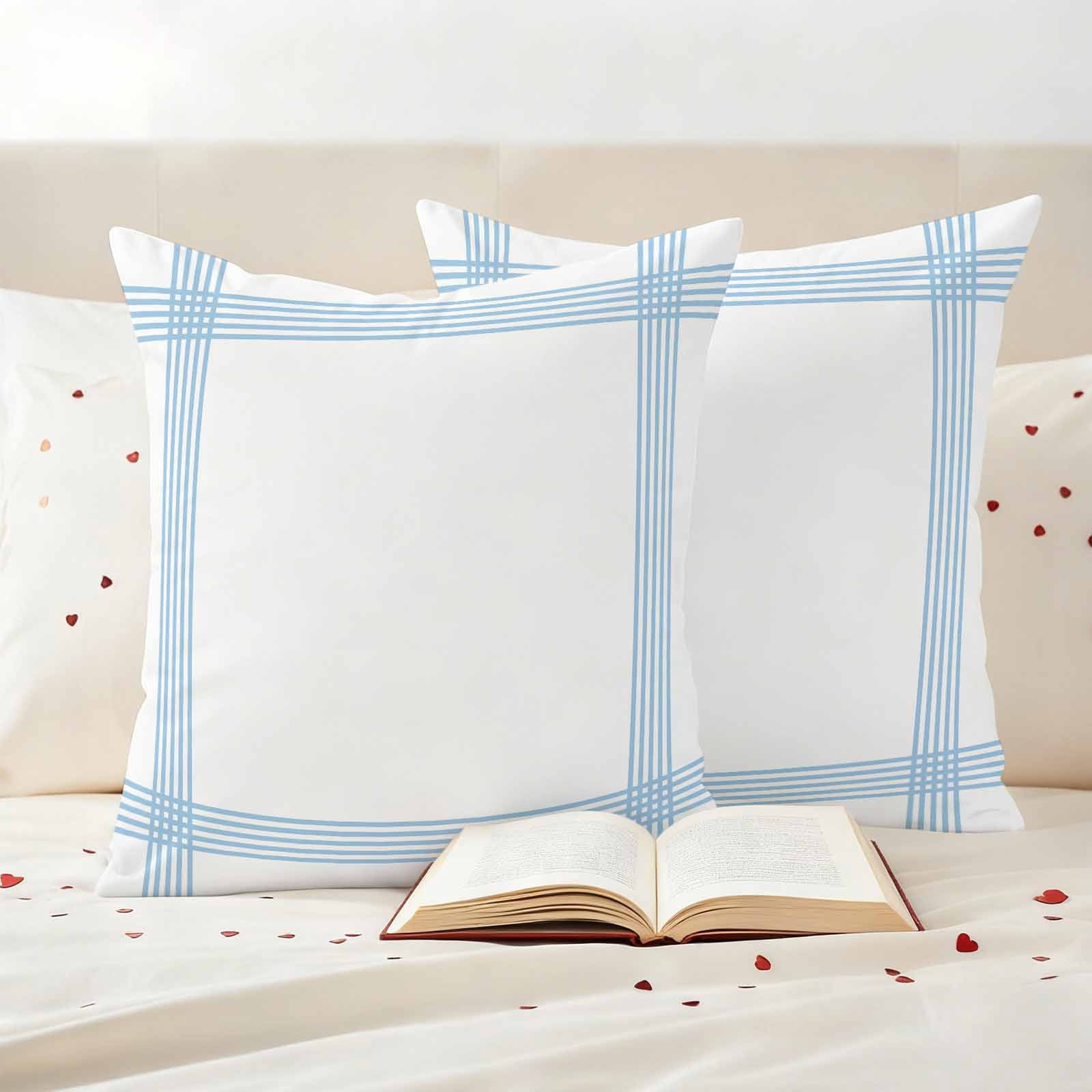 Blue Striped Outdoor Waterproof Pillow Covers, Geometric Minimalist Watercolor White Decorative Square Throw Pillowcase Sofa Cushion Sham for Patio/Couch/Chair, 18"x18" 2 Pack