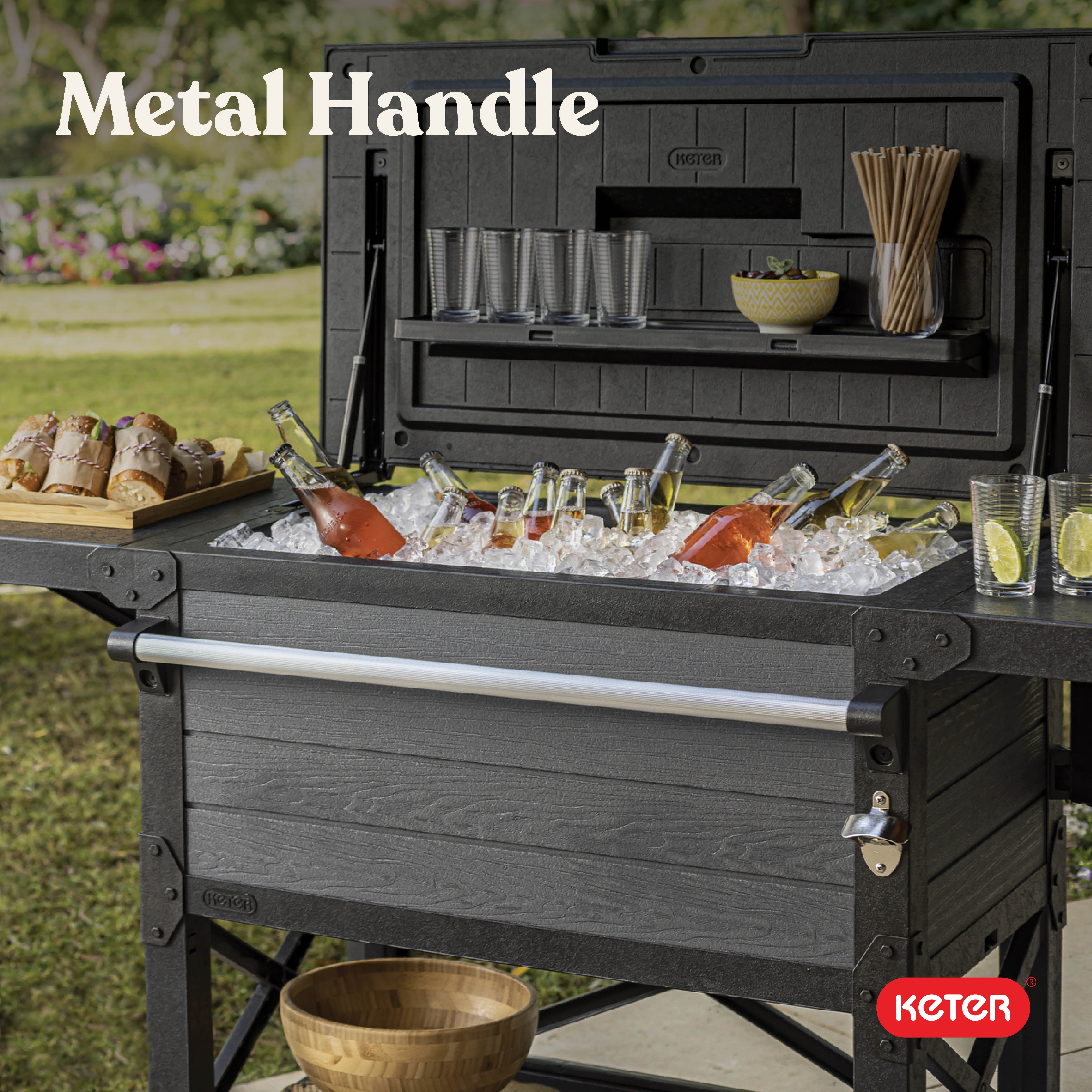 Keter Outdoor Patio Cooling Chest, 89.8 Qt Ice Chest Beverage Bar Cart w/Wheels, Graphite