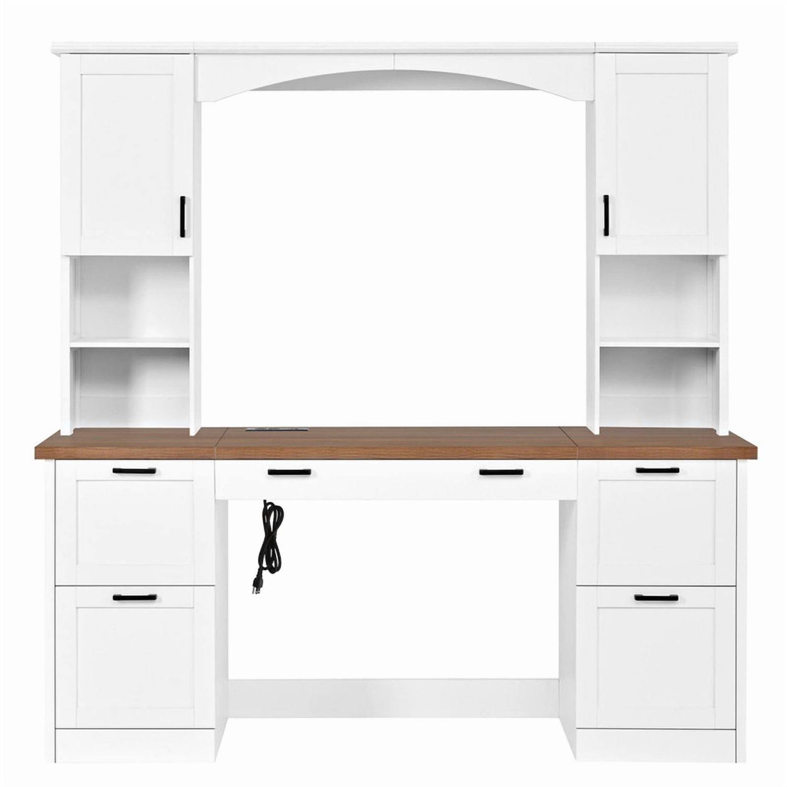 Farmhouse Arched Computer Desk with Hutch, Home Office Desk with Charging Station & Keyboard Tray, All-in-One Writing Desk with File Drawers for Study, Office