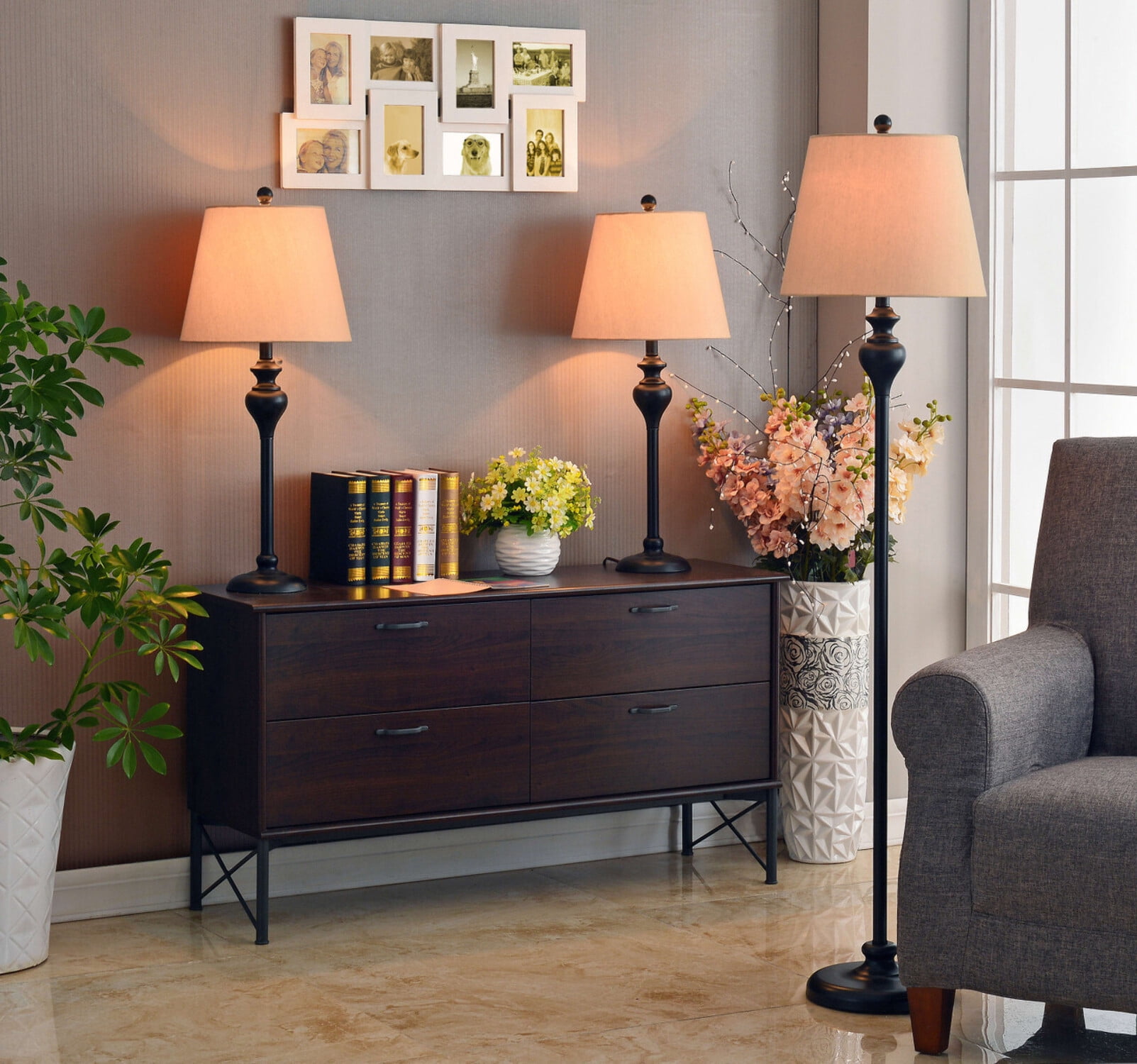 Kenroy Home Charlotte Table and Floor Lamp Set of 3 with Gold Fabric Empire Shade Traditional Light Fixtures for Living Room, Bedroom, or Office, Oil Rubbed Bronze