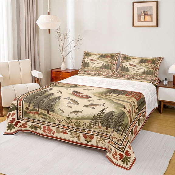 Feelyou Country Lake Fishing Full Size Sheets for Men Boys, Retro Folk Art Lake Cabin Bed Sheets, Brown, 4-Piece