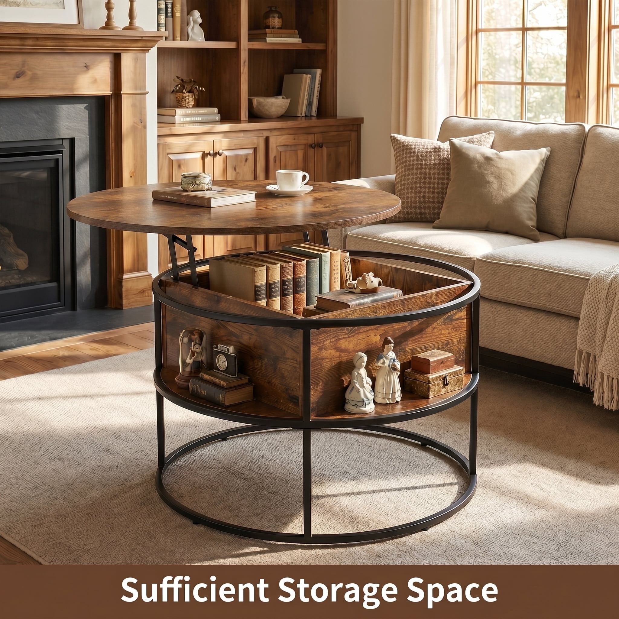 Cenovo Round Lift-Top Coffee Table with Hidden Storage and Open Shelf Modern Farmhouse Center Table for Living Room,Burnt Walnut
