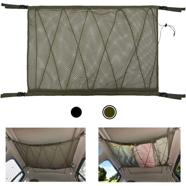 Red de almacenamiento para equipaje de coche: red de carga para techo de coche con cordón para cuatro apoyabrazos de techo, especialmente para SUV, malla doble