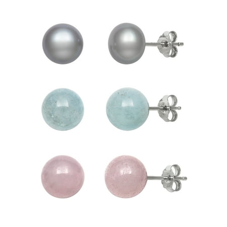 Aquamarine Set Stud (8-9mm Dyed Grey Cultured Freshwater Pearl, Rose Quartz and Milky Aquamarine Sterling Silver Stud Earrings, Set of)