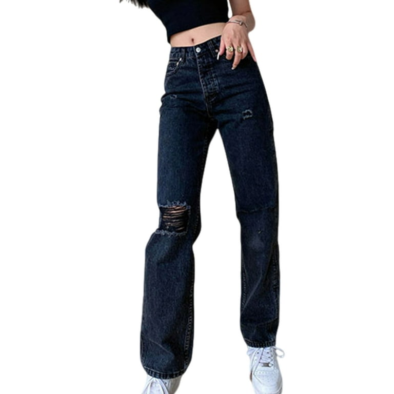 Wrcnote Women Denim Pants High Waist Bottoms Wide Leg Jeans Holiday  Breathable Trousers Ripped Black M