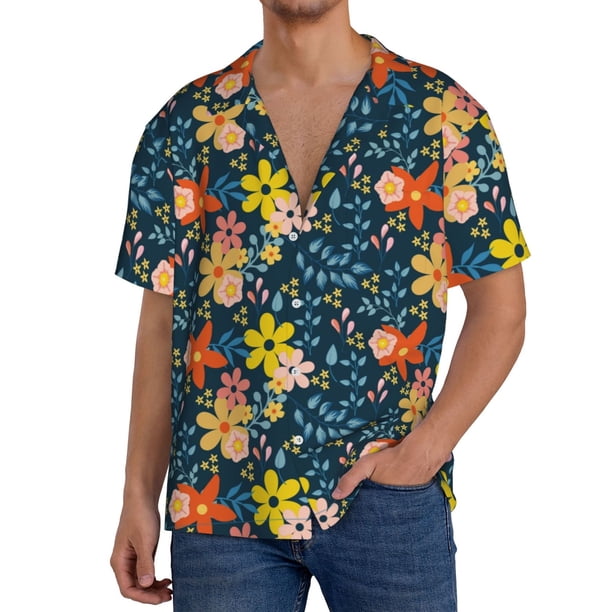 Balery Blue Floral Camisa Casual de Manga Corta con Botones para Hombre, Texturizada, Estilo Cubano, para Playa, Verano-4X-Large