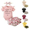 thumbnail image 1 of GYRATEDREAM 0-18M Infant Baby Girls Letters Romper+Floral Shorts+Headband Baby Clothes Set, 1 of 13