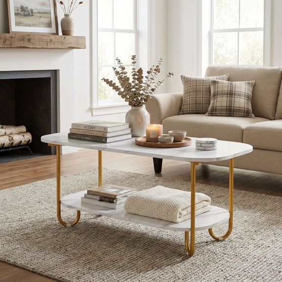 Resenkos Modern 2-Tier Faux Marble Top Coffee Table, Stylish Accent Table with Storage for Living Room Home Office, White