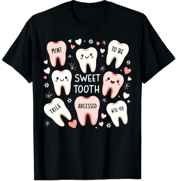 Dental Valentines Cute Teeth Hugging Heart Dentist Graphic Black T-Shirt for Men and Women
