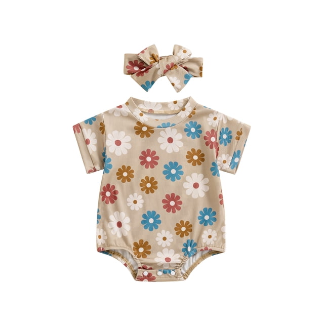 Gupgi Été Nouveau-Né Filles Floral Rompers Bébé Manches Courtes Fleur Combinaison Courte Mignonne avec Bandeau