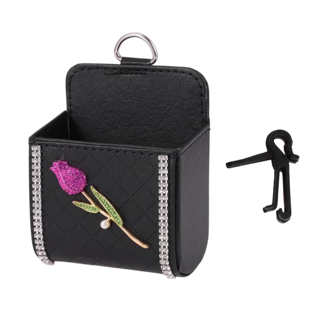 Funda para gafas de sol de coche Unique Bargains, soporte para gafas de sol para coche, cuero sintético, strass, metal negro 4.33"x3.54" 1 pieza