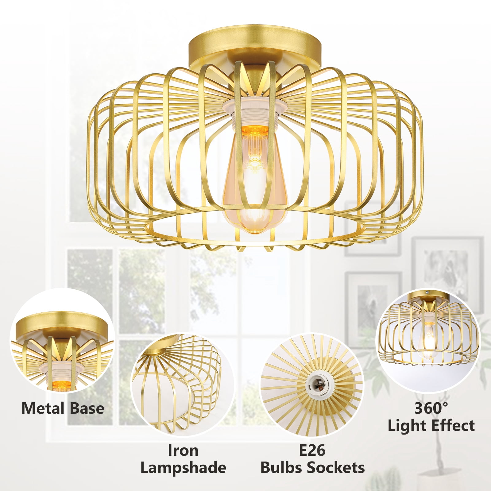 DONGPAI Modern Gold Flush Mount Light Fixture 11.8" Industrial Metal Cage Semi Flush Mount Ceiling Light for Hallway Living Room Kitchen Entryway Farmhouse (With Bulb)