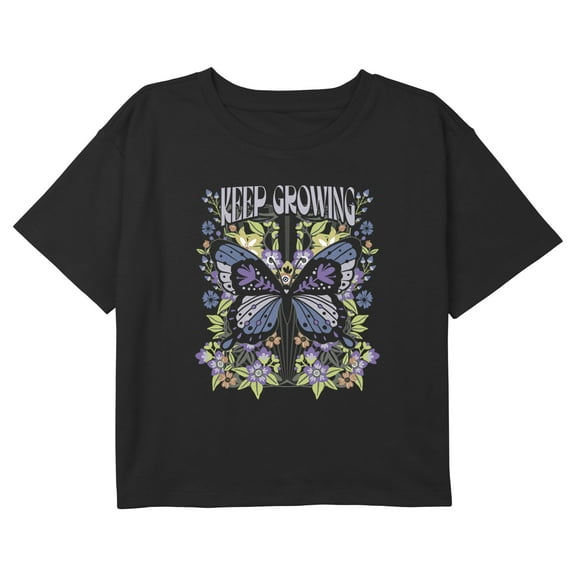 Girl's Lost Gods Keep Growing Monarch Butterfly Graphic Cropped T-Shirt Black X Small