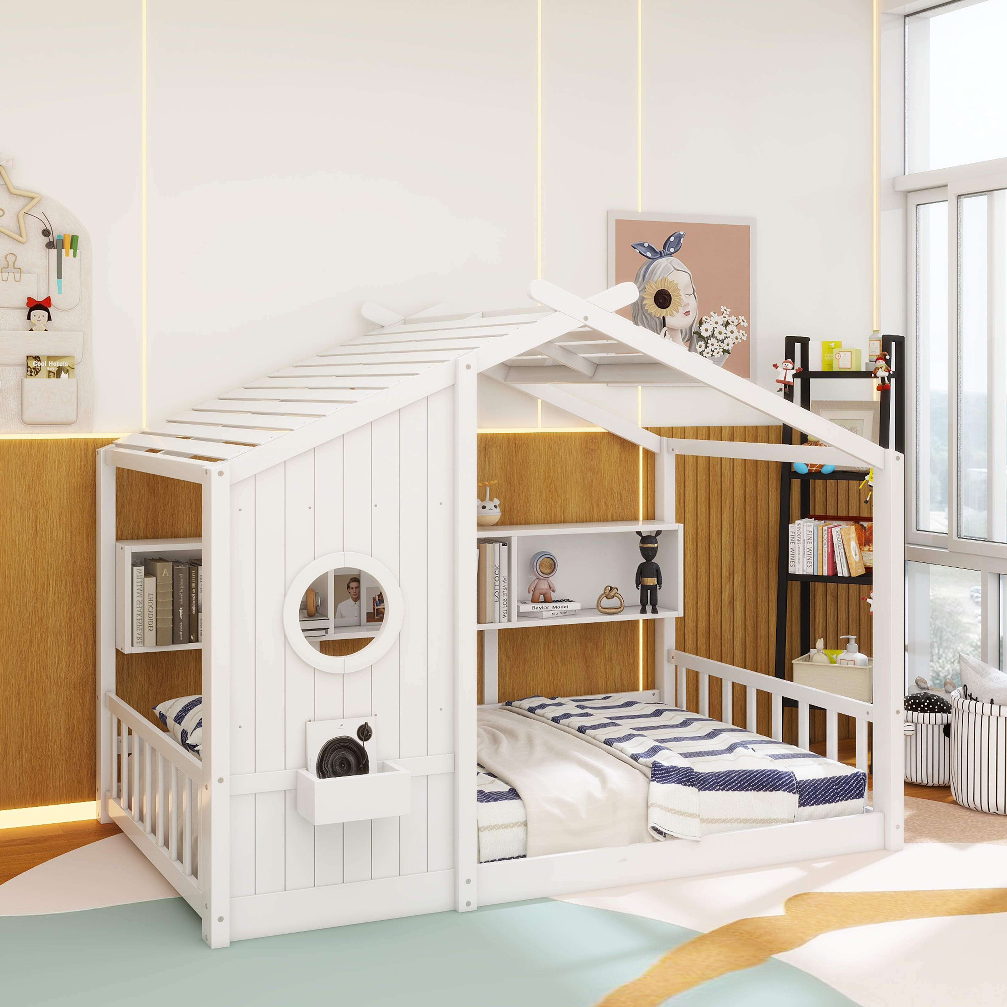 Full Size Floor House Bed for Toddler, Kids Montessori Bed with Storage Shelf, Playhouse Bed with Roof Design, White