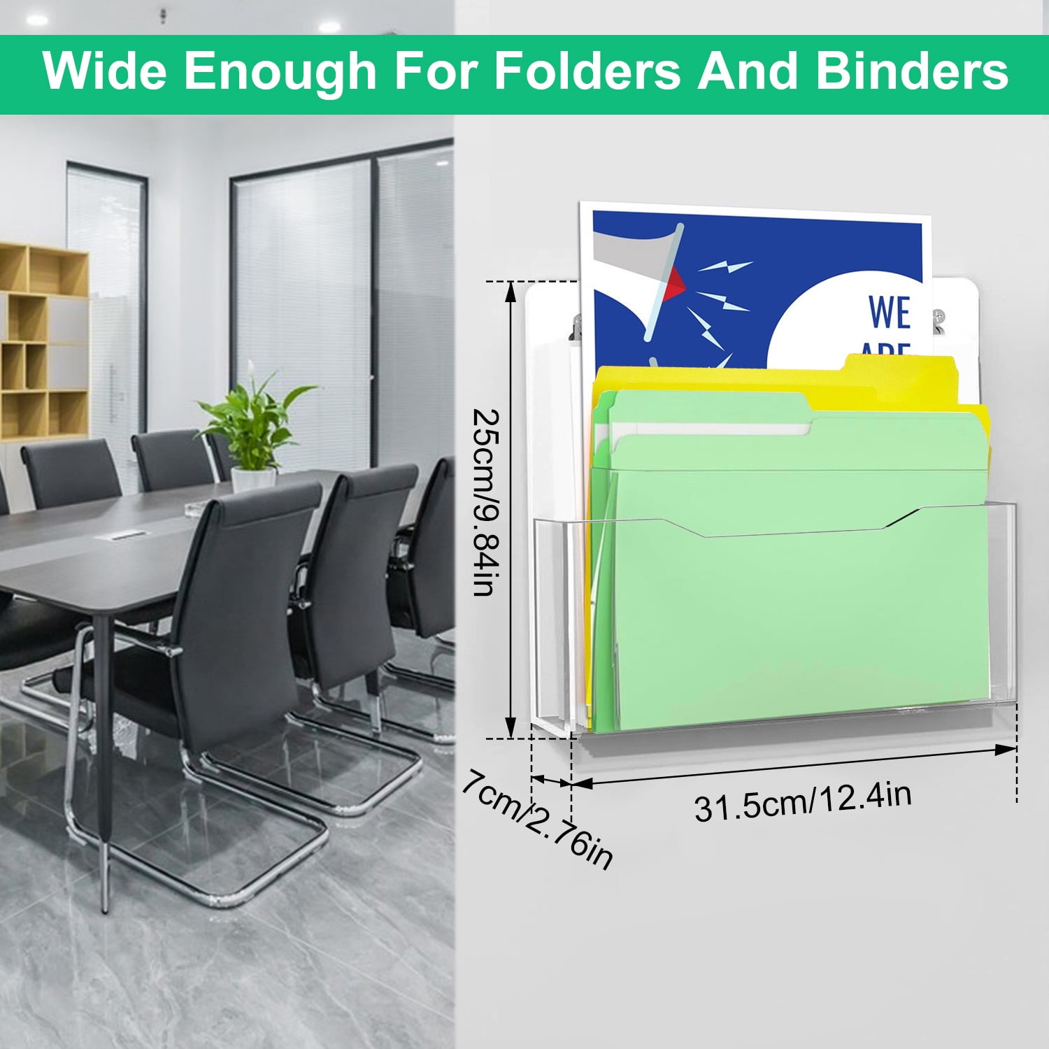 2Pack Magnetic File Organizer - Clear Acrylic Hanging Wall File Holder, Wall Mount Folder Mail Document Magazine Holder for Office, Fridge, Whiteboard, Black Back