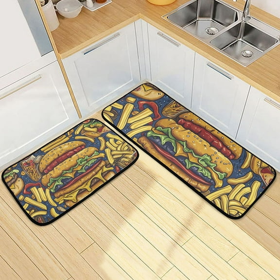 Delicious Hamburgers Fries Kitchen Mats Non Slip Standing Desk Mat Runner Rug Washable Kitchen Rugs for Floor 2PCS