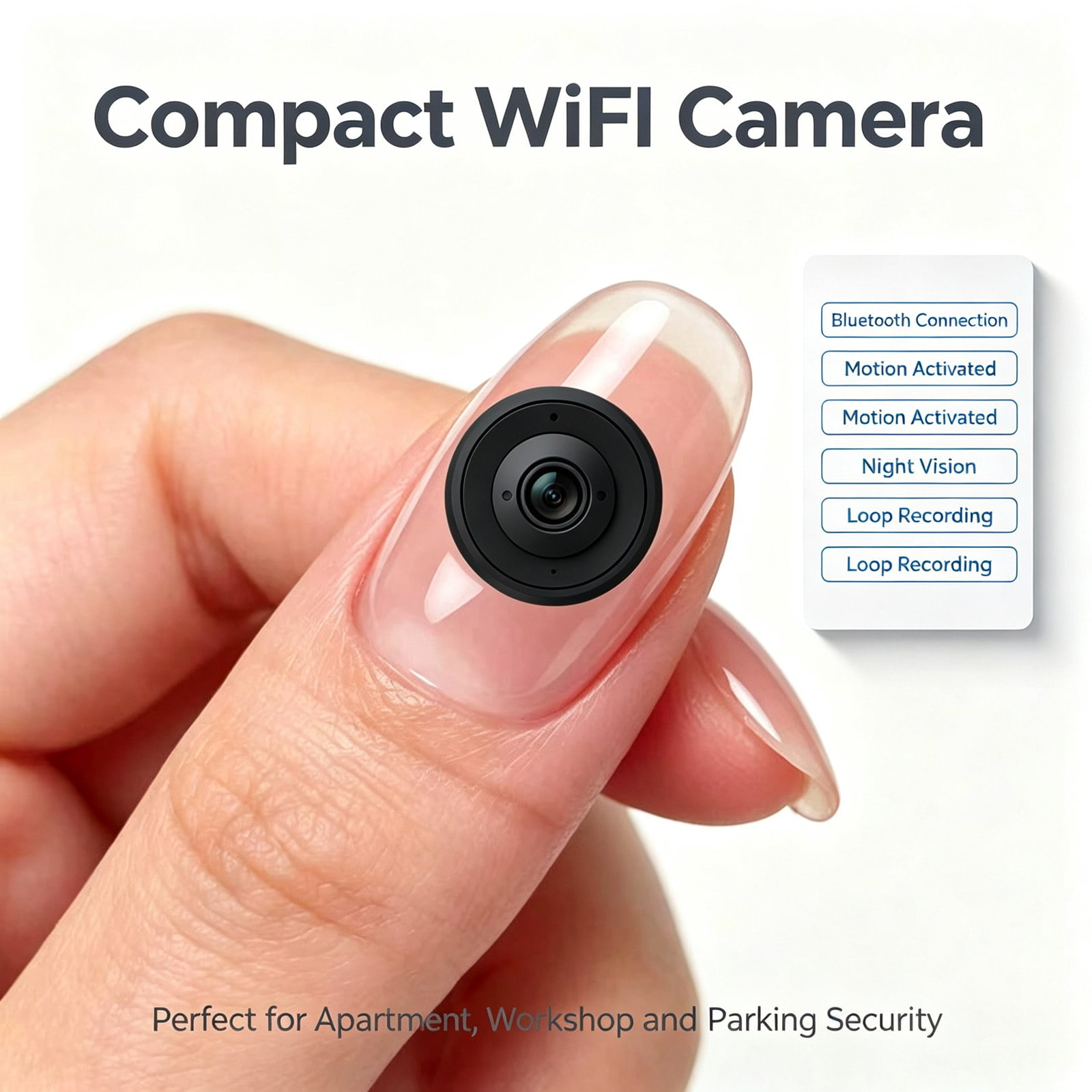 Mini WiFi Bluetooth Security Camera, Wireless Small Surveillance Cam with Night Vision, Motion Detection, 2-Way Audio, Remote Live View, Loop Recording for Home Indoor Outdoor Garage Office Security