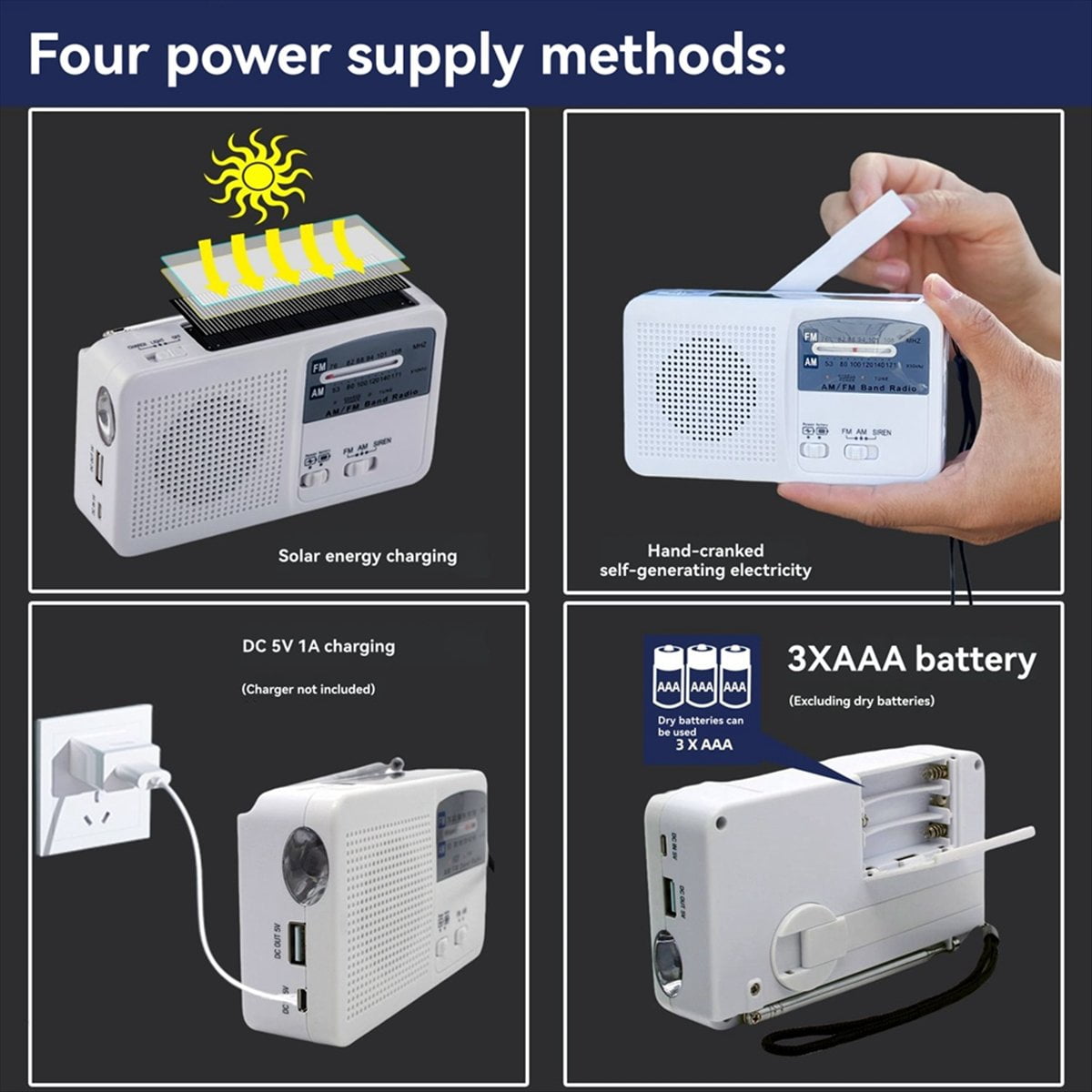 FM/AM Radio Solar Hand Crank Self Powered Radio Multifunctional Portable Emergency Radio with Flashlight White,1 x Portable Radio 1 x USB cable,White