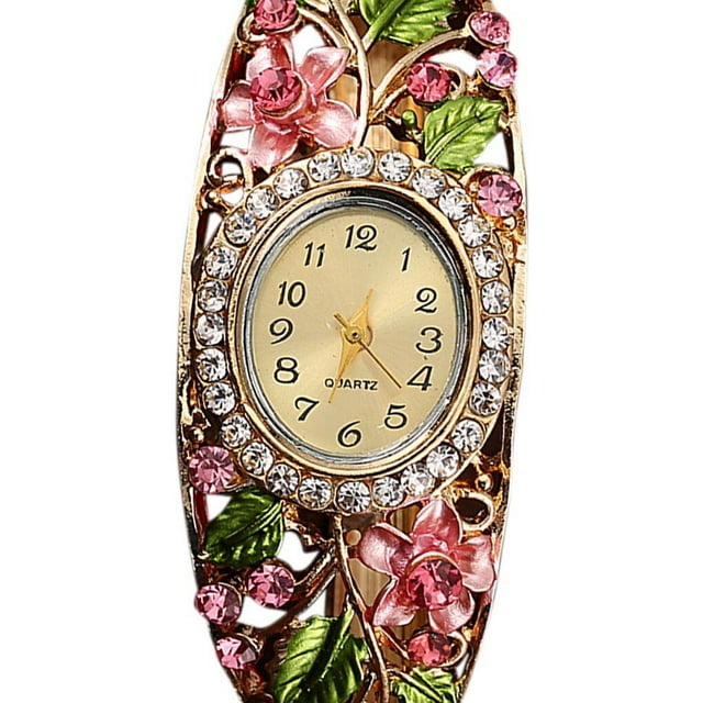 Décor Fleur Strass Montre Bracelet pour Femmes Fleur Strass Quartz Rond en Alliage Montres pour Filles