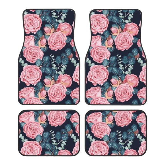 Daiia Rose Flowers Printed Car Floor Mats Set of 4, Durable Non Slip Auto Floor Carpet, Car Interior Carpets Proof Foot Pads Anti-Slip Cushion Automoetive Accessories