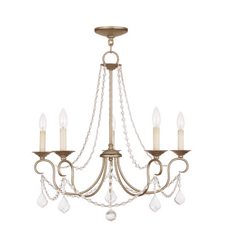 

Chandeliers 5 Light With Hand Painted Antique Silver Leaf size 25 in 300 Watts - World of Crystal