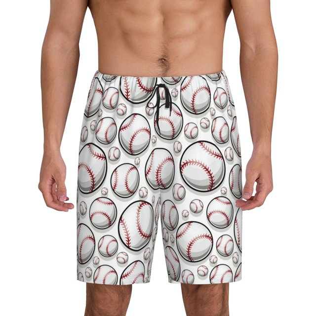 Balery Cute Baseball Pantalones cortos de pijama de punto de algodón para hombre con cinturilla y bolsillos-Medium