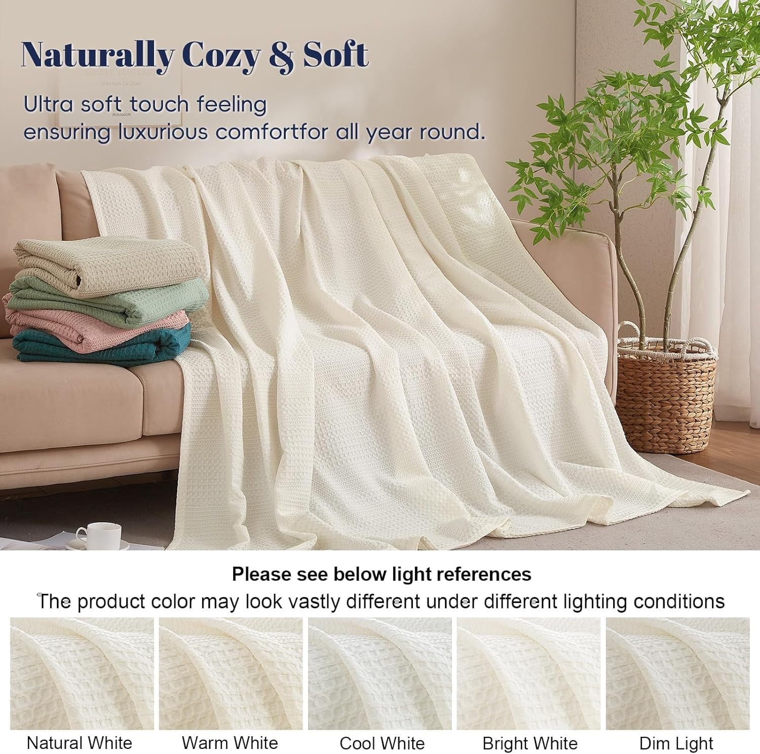PHF Ultra Soft Waffle Weave Blanket King Size for Bed, Lightweight and Breathable Blanket, Perfect for Hot Sleepers, 104"x 90", Coconut White