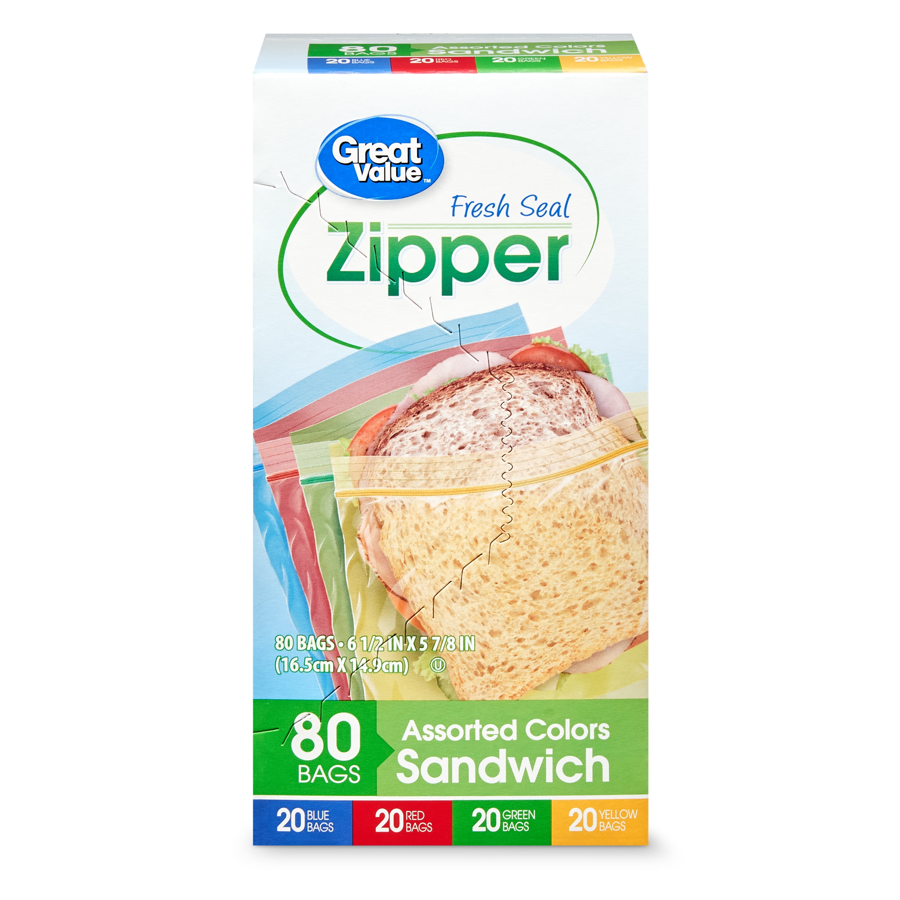Great Value Fresh Seal Zipper Sandwich Bags, 80 Count, Assorted Colors