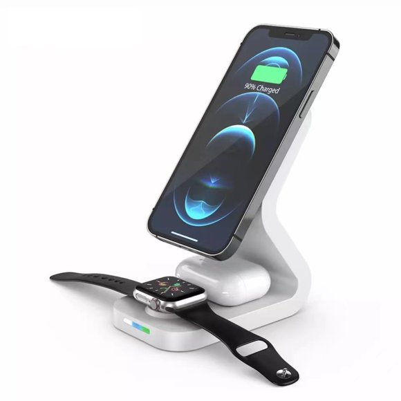 3 in 1 Magnetic 15W Qi Wireless Charging Station for iPhone 12/Mini/Pro/Max, Apple Watch, Airpods 2/ Pro - B-16 - White Color