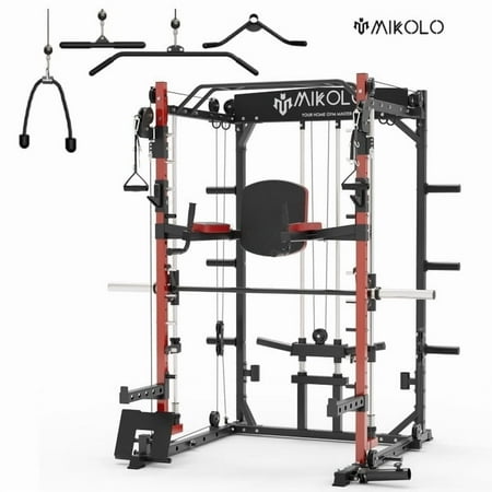 Mikolo Smith Machine, 2000lbs Squat Rack with 1200 lb Capacity Red , Training Equipment with LAT-Pull Down System & Cable Crossover Machine