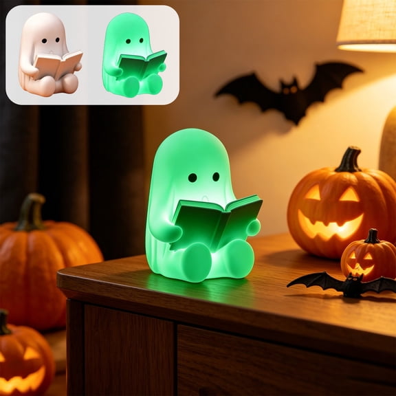 Voglyf Cute Ghost Reading Book, 3D Resin Halloween Figurine Lamp With Warm Light for Study Room, Party, Indoor Decor, Spooky Season, As A Funny Halloween Gift And Desk Decoration