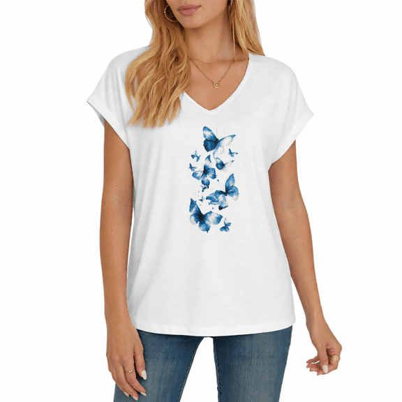 Cozymy Women's Watercolor Blue Butterfly Graphic V-Neck Short Sleeve T-Shirt Nature Casual Tee