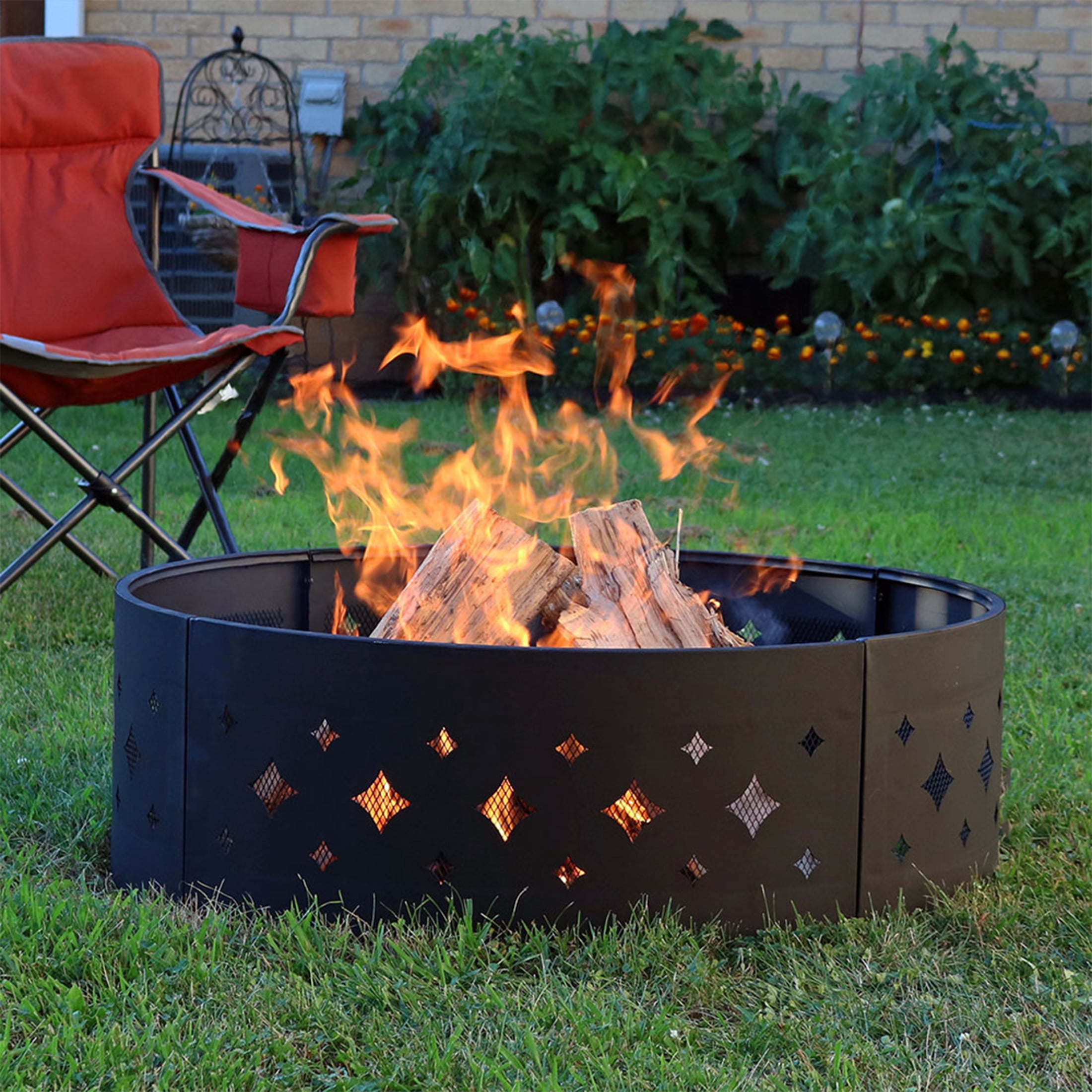 Sunnydaze Diamond 36" Round Steel Wood Burning Fire Pit Ring