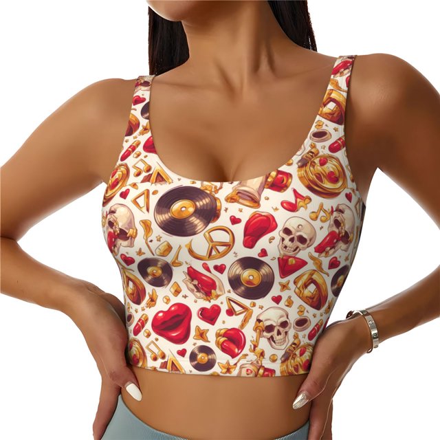 Balery Skull Retro record lips Sujetadores deportivos con espalda cruzada para mujer, acolchados, sin costuras, de alto impacto, ideales para yoga, gimnasio, entrenamiento y fitness.-XX-Large