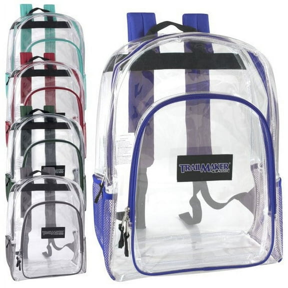 Trailmaker Clear Backpacks With Side Pockets, Assorted Color Trims, Pack Of 24 Backpacks