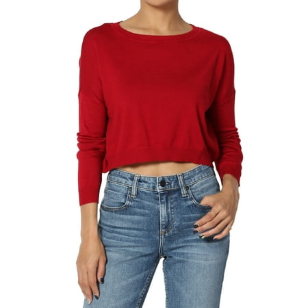 Dolman Crop - TheMogan Junior's Dolman Long Sleeve Boat Neck Lightweight Knit Relaxed Fit Crop Top