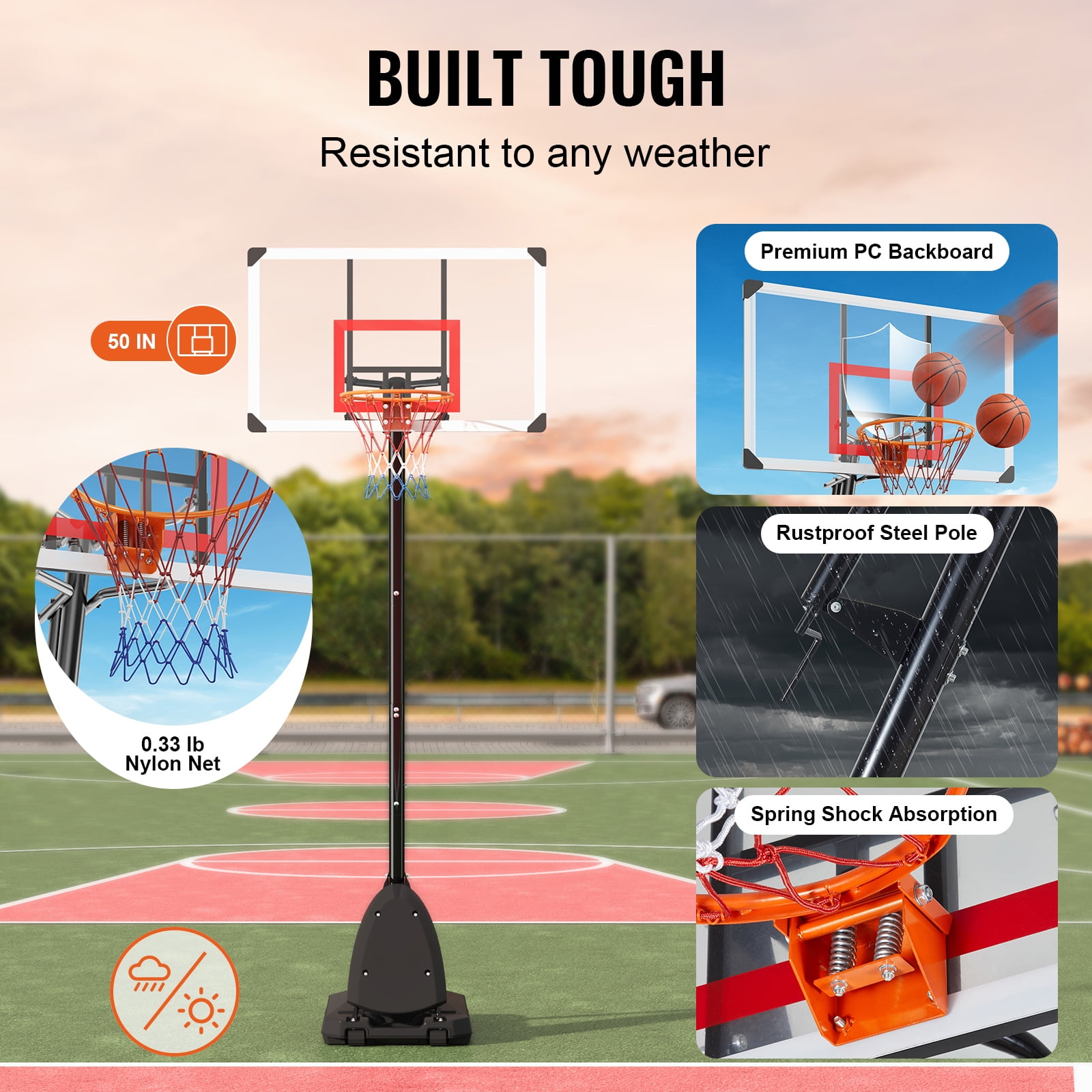 KFFKFF 50" Portable Basketball System, 7.6 to 10 ft Height Basketball Hoop & Goal for Children & Adults, Comes with PC Backboard, Wheels, Stand, and Loadable Base