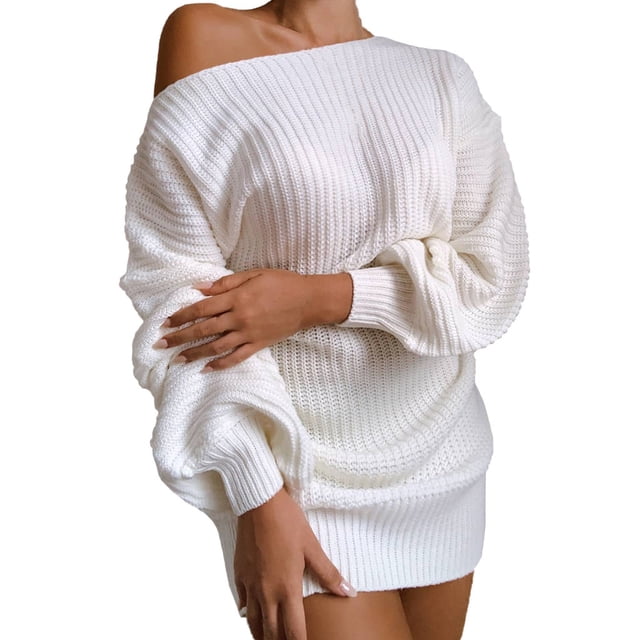 Gibobby Vestido de punto trenzado mujer sexy sólido manga fuera del hombro manga larga suéter vestido(Blanco,CH)