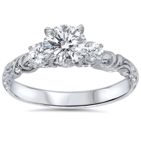 Pompeii 3/4ct Vintage 3 Stone Diamond Engagement Ring 14K White Gold (G/H,I1)